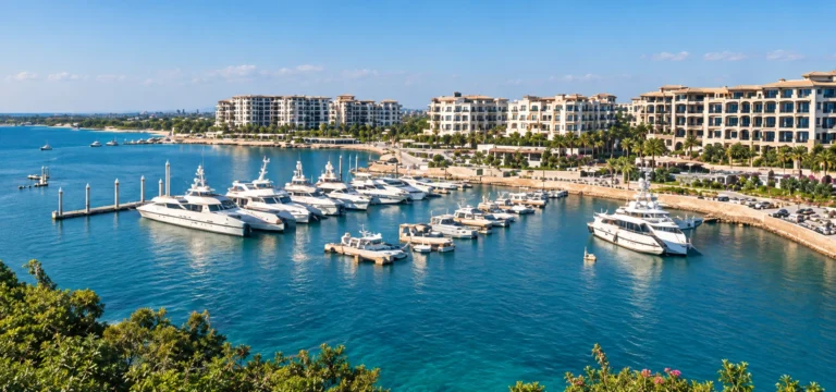 Yachts moored in a marina below waterfront residences and palm trees