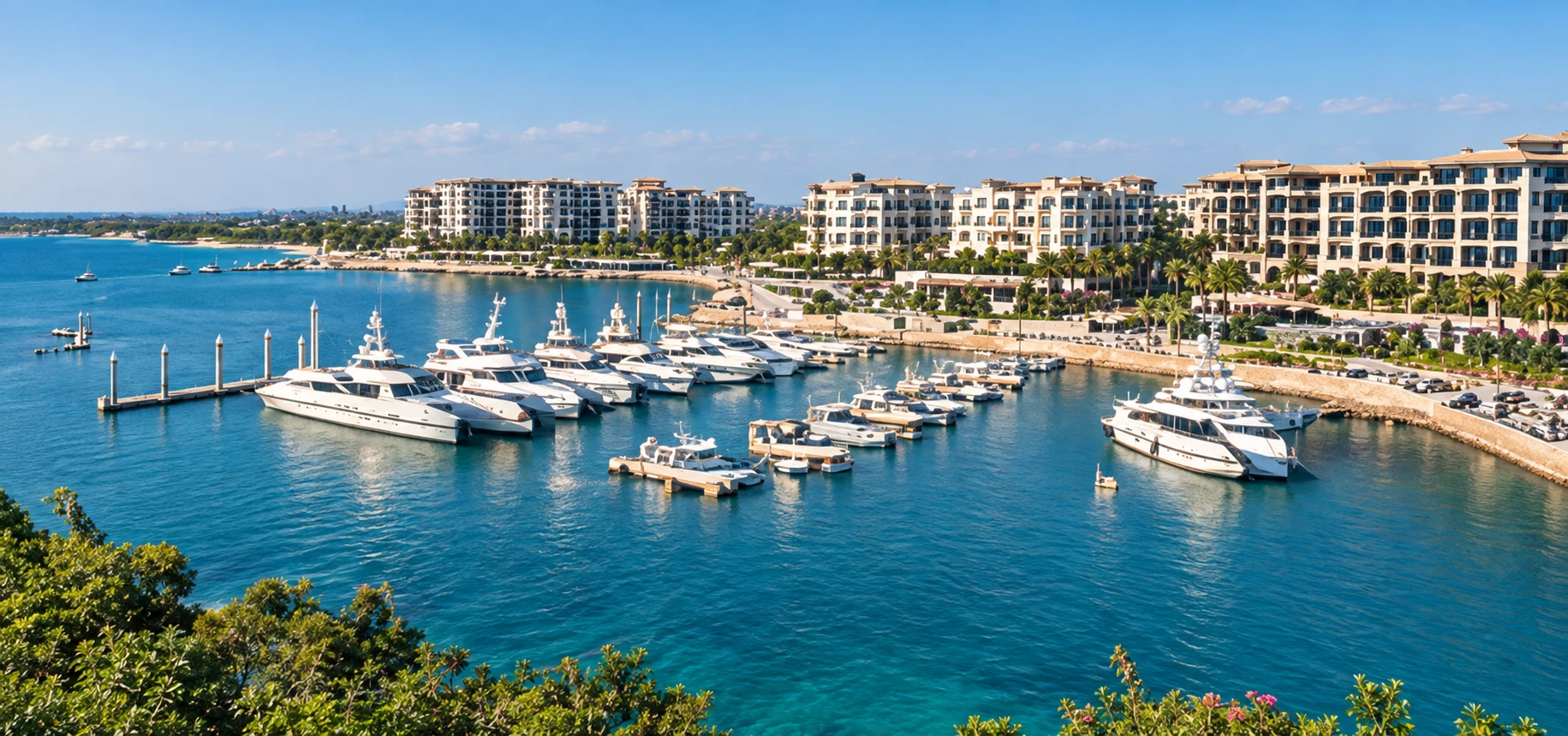 Yachts moored in a marina below waterfront residences and palm trees