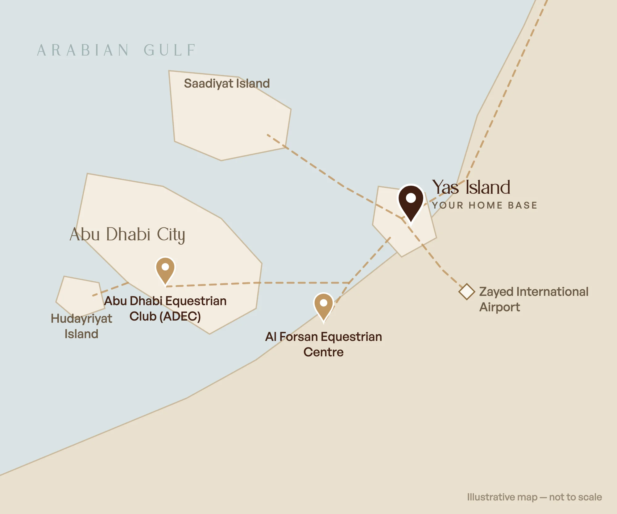 Illustrative map of Yas Island with Abu Dhabi Equestrian Club, Al Forsan, Saadiyat, Hudayriyat and Zayed International Airport