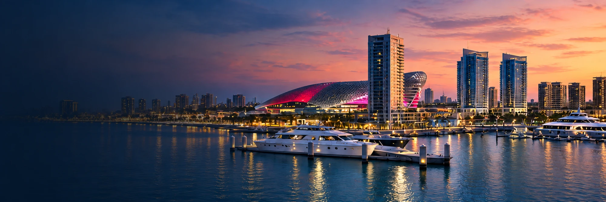 Yas Marina at dusk with yachts, waterfront towers and a lit lattice-roofed building