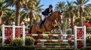 Show jumper clearing a fence at a Dubai equestrian venue